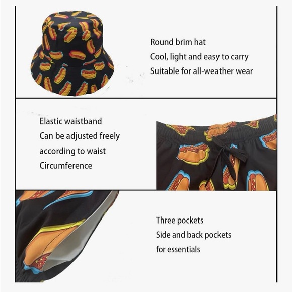 Hot Dog Print Shirt, Shorts, and Bucket Hat Set Men’s Medium - Picture 2 of 8